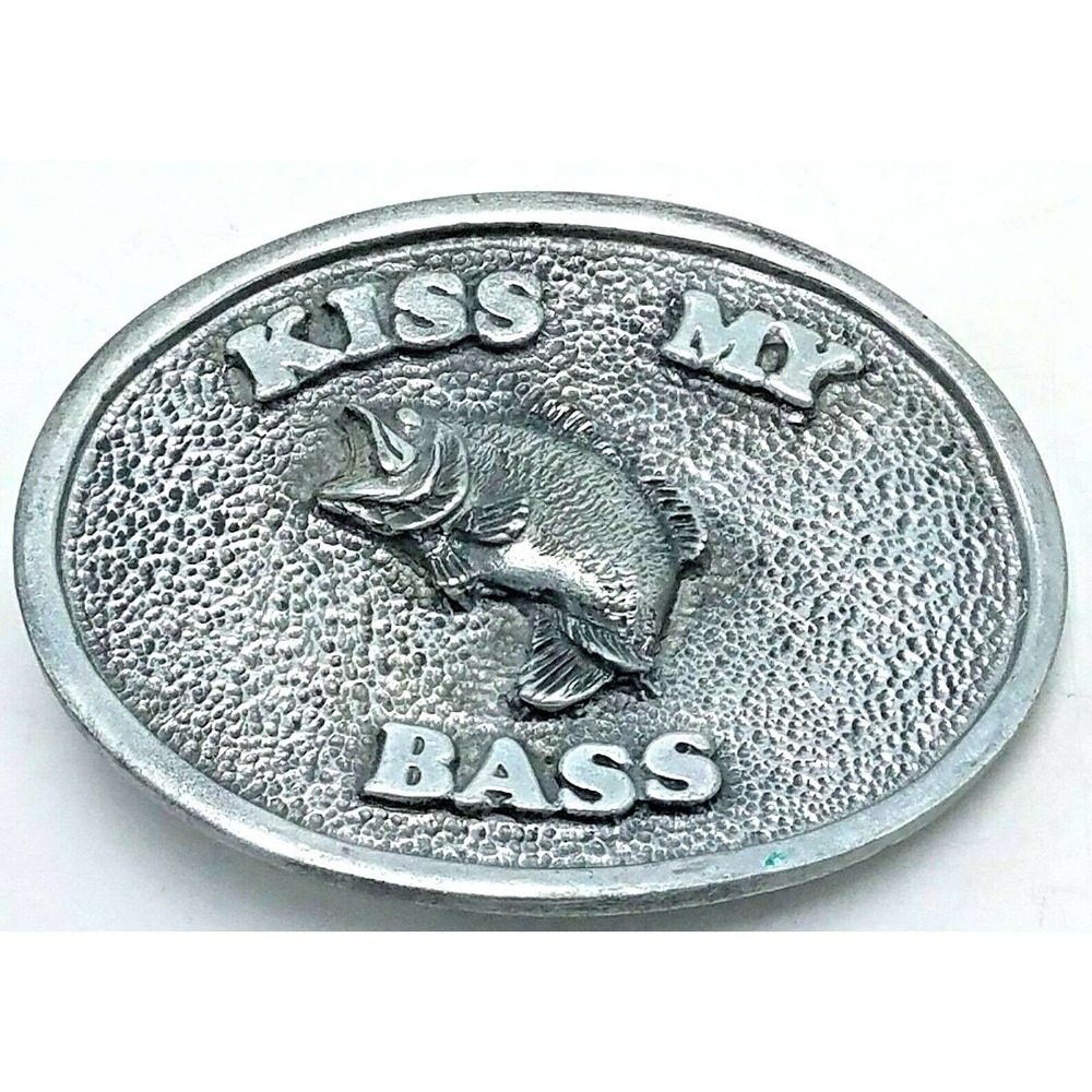 Vintage Fishing Angler Belt Buckle "Kiss My Bass" Pewter Tone 3" x 2 1/4" - VGC